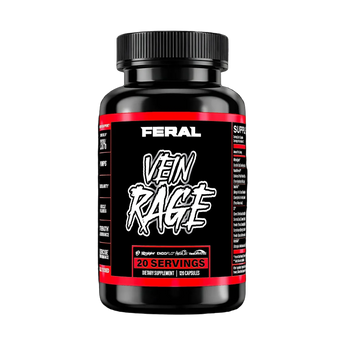 Black supplement bottle labeled 'Feral Vein Rage' on a black background