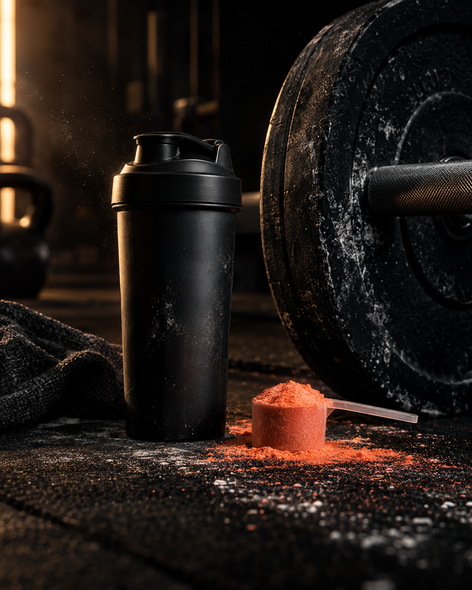 Shaker and pre-workout scoop on a gym floor