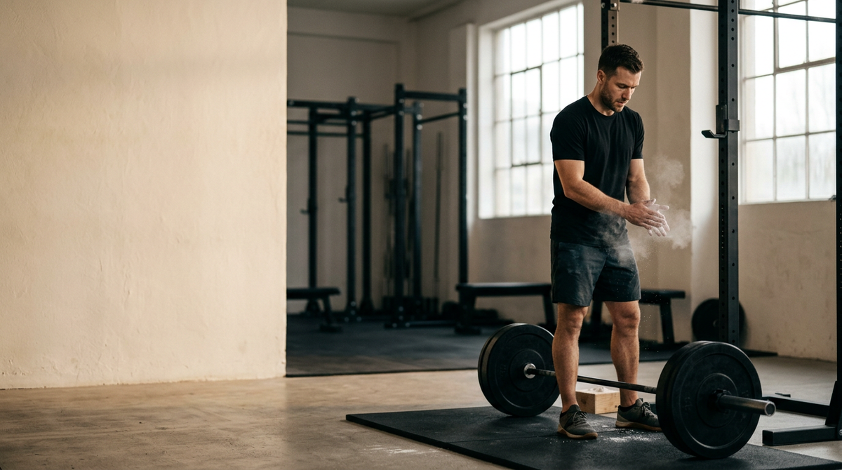 Man chalking his hands beside a barbell in a light gym