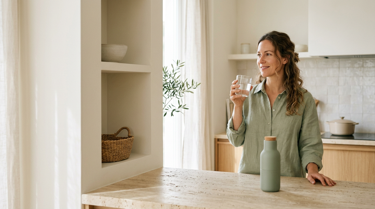 Woman drinking water in a bright kitchen