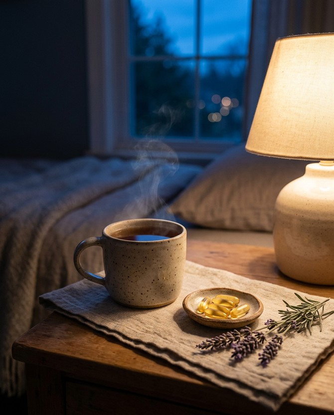 Evening bedside scene with herbal tea, softgels and lavender