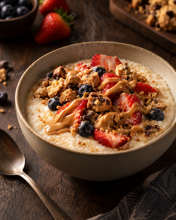 Bowl of cream of rice with berries and peanut butter