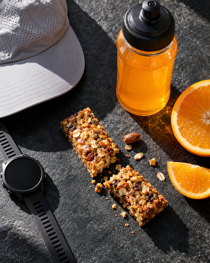 Fuel bars, electrolyte drink and orange slices