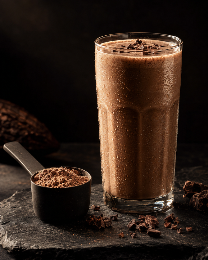 Chocolate protein shake with a scoop of protein powder