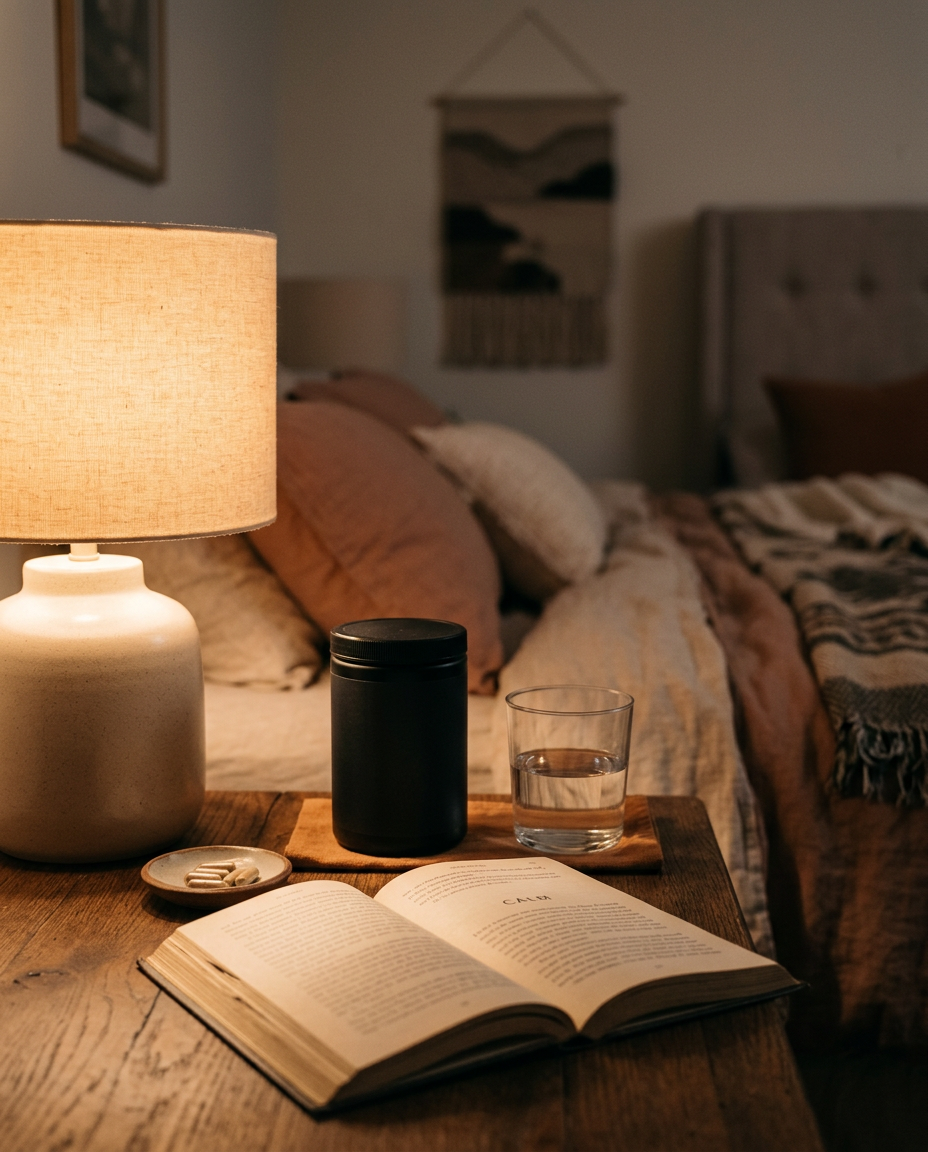Bedside table with a lamp, a glass of water and a book