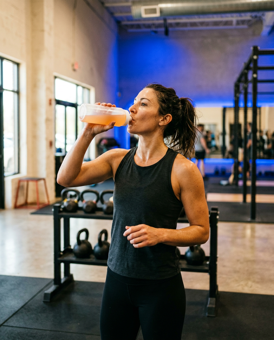 Woman drinking from a bottle mid-workout in a gym
