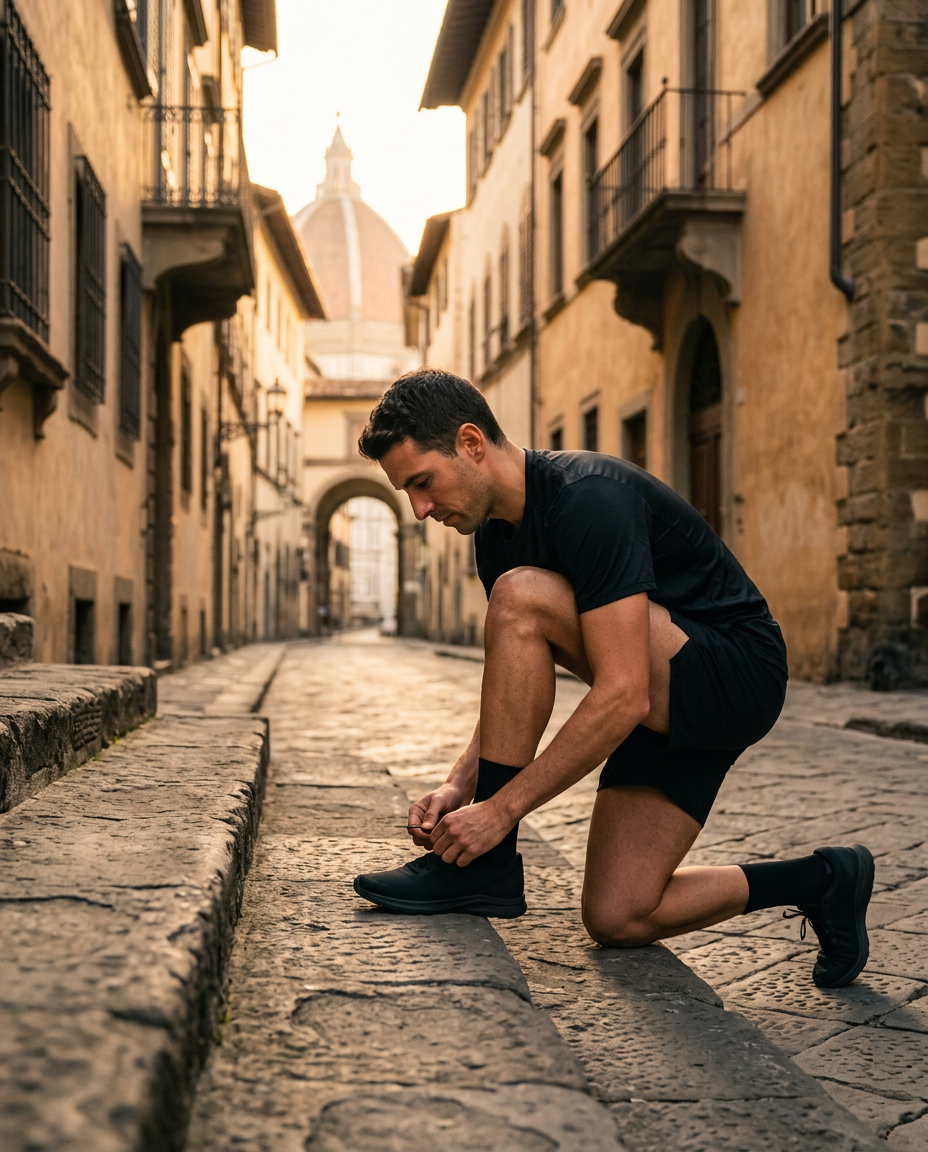 Runner tying his trainers on a cobbled street at sunrise
