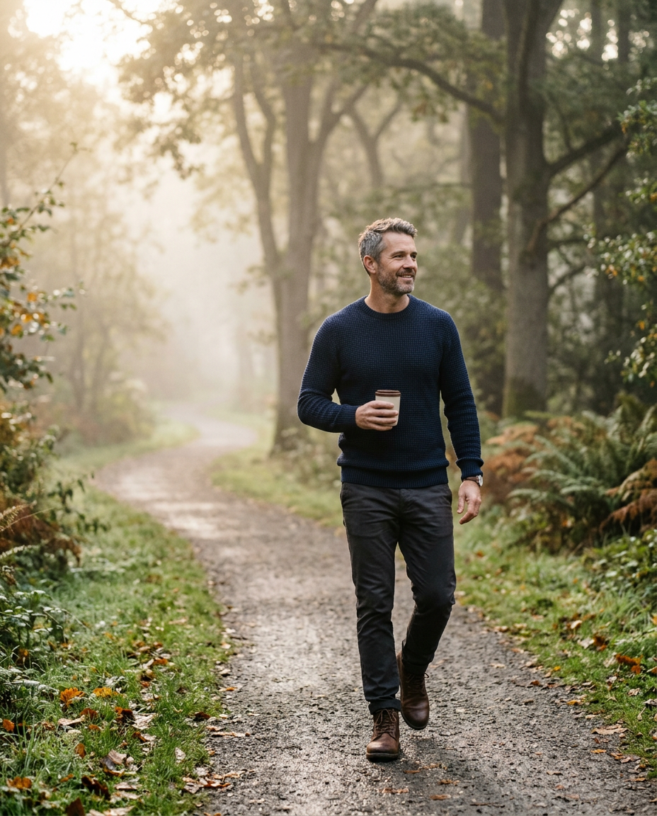 Man walking with a coffee on a misty woodland path