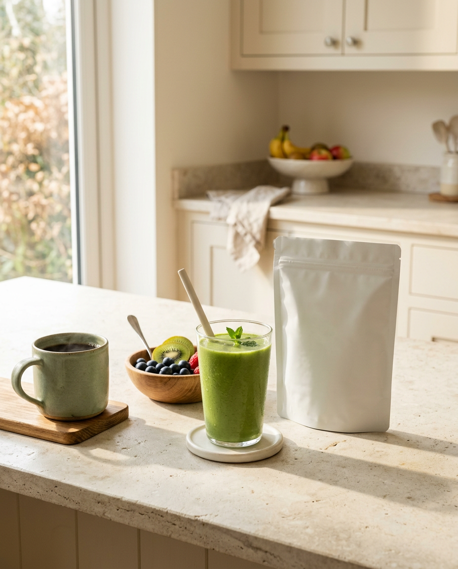 Green drink, coffee and fruit on a sunny kitchen worktop